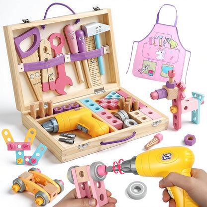 Wooden Kids Tool Set with Drill – 44-Piece Montessori STEM Construction Toy for Girls