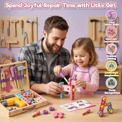 Wooden Kids Tool Set with Drill – 44-Piece Montessori STEM Construction Toy for Girls