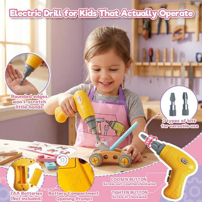 Wooden Kids Tool Set with Drill – 44-Piece Montessori STEM Construction Toy for Girls