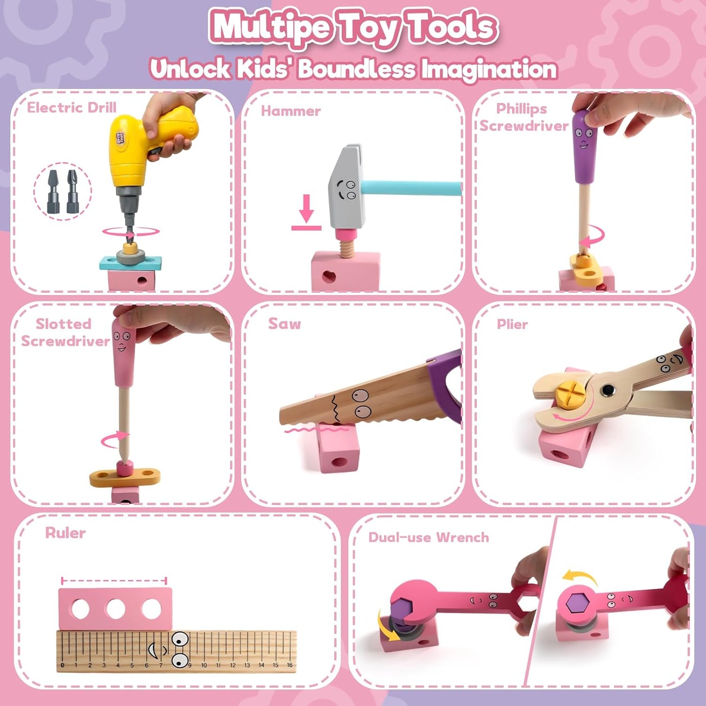 Wooden Kids Tool Set with Drill – 44-Piece Montessori STEM Construction Toy for Girls
