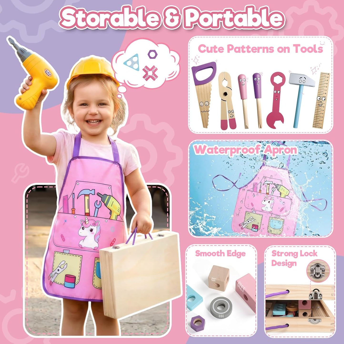 Wooden Kids Tool Set with Drill – 44-Piece Montessori STEM Construction Toy for Girls