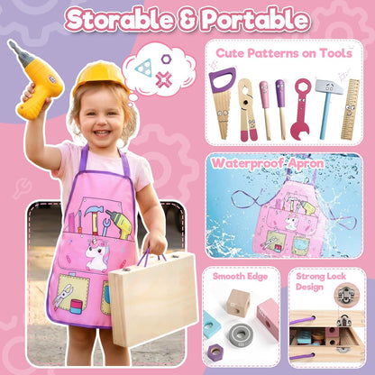 Wooden Kids Tool Set with Drill – 44-Piece Montessori STEM Construction Toy for Girls