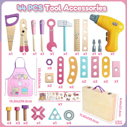 Wooden Kids Tool Set with Drill – 44-Piece Montessori STEM Construction Toy for Girls
